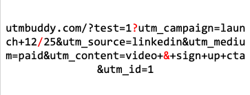 Before: UTM link with syntax errors showing red highlighted ampersands and special characters