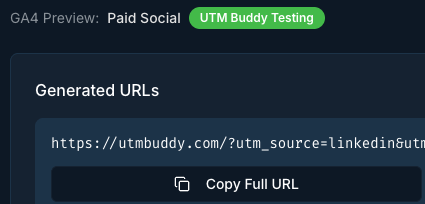 GA4 Preview showing Paid Social channel classification with Generated URLs