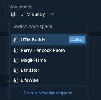 After: UTM Buddy workspace switcher with multiple organized workspaces