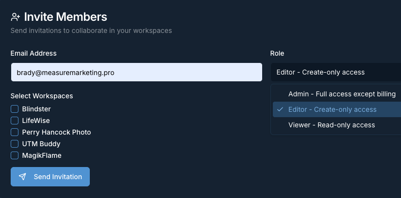 After: UTM Buddy invite members with Admin, Editor, and Viewer role-based access control