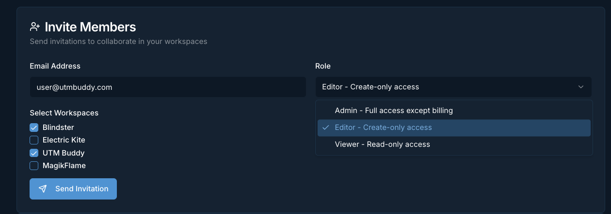 UTM Buddy invite members with Admin, Editor, and Viewer role-based access control