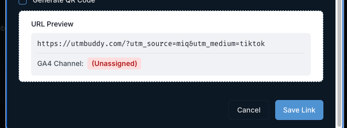 UTM Buddy URL Preview showing a link with utm_source=miq and utm_medium=tiktok classified as Unassigned by the GA4 Channel preview