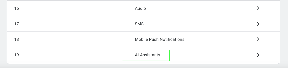 GA4 custom channel group list showing AI Assistants added as row 19, below Audio, SMS, and Mobile Push Notifications
