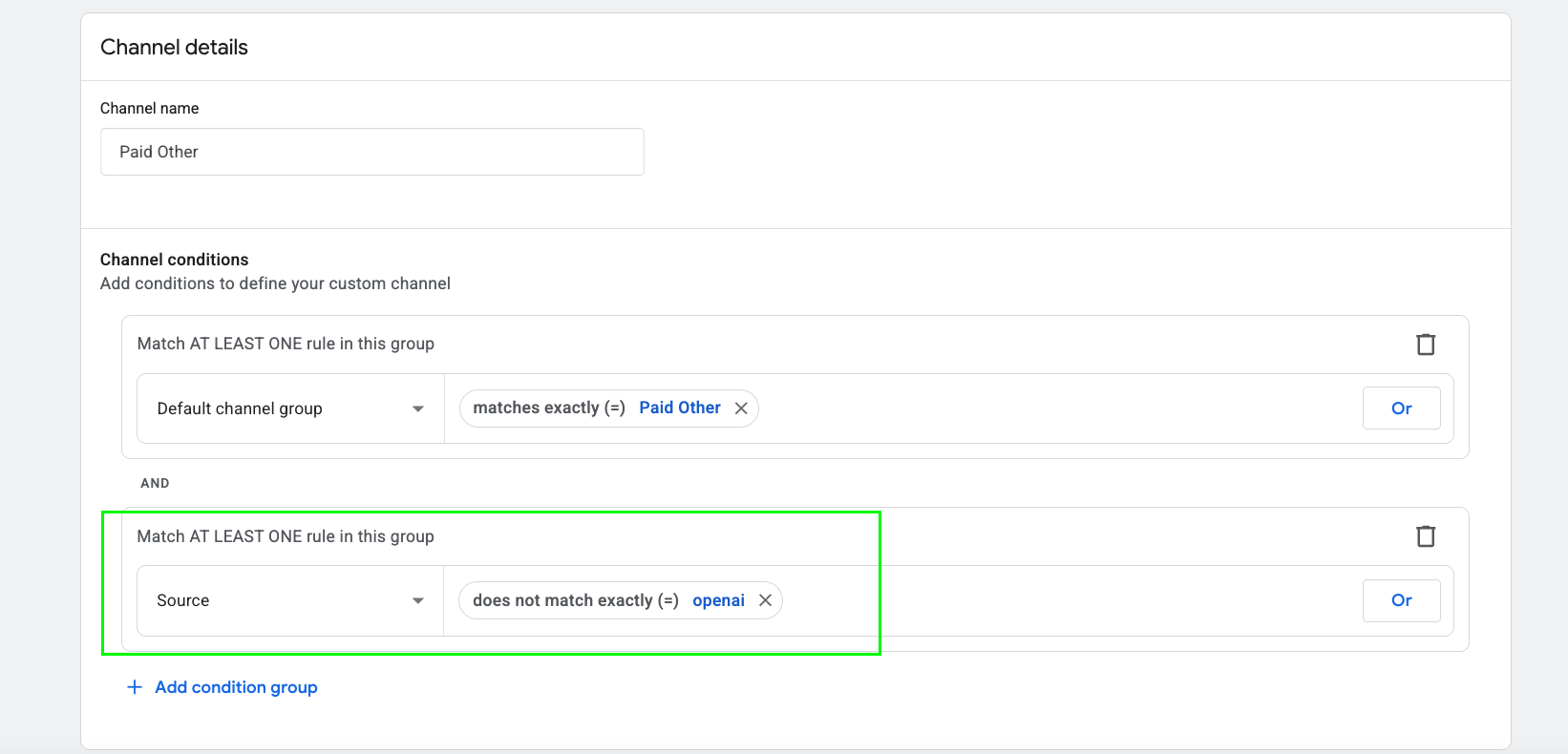 GA4 Paid Other channel updated with a second condition group where Source does not match exactly openai