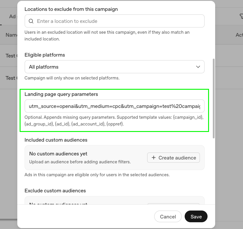 The Landing page query parameters field in OpenAI Ads Manager Beta, showing a UTM string and the list of supported template values
