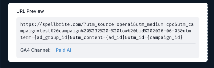 UTM Buddy URL preview showing a tagged OpenAI Ads URL with a GA4 Channel result of Paid AI