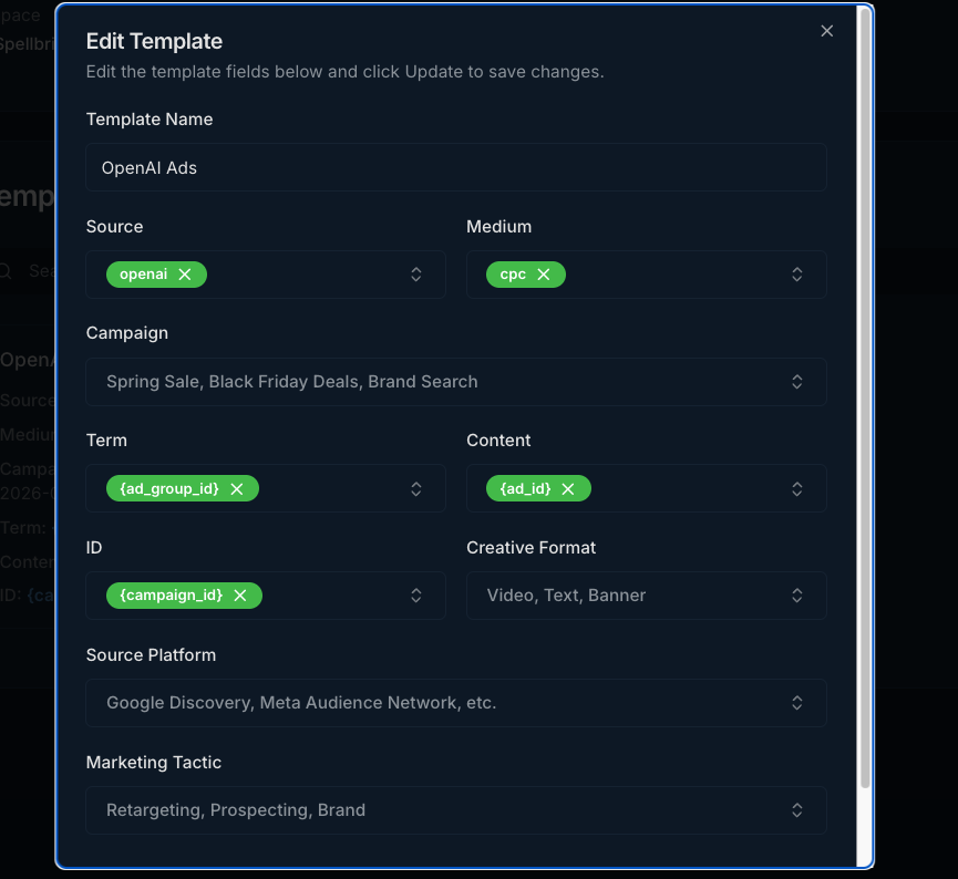 UTM Buddy Edit Template modal showing an OpenAI Ads template with static source and medium values and macro values for term, content, and ID